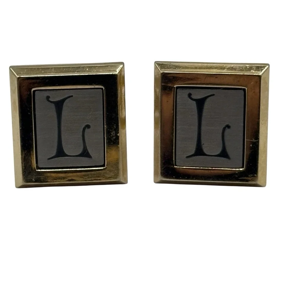 Initial L Monogram Hickok‎ USA Cufflinks Letter Vintage Two Tone Script Square